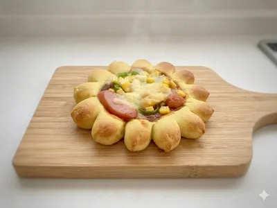 ひまわり形に並べた惣菜パン。中央にコーンとウインナー